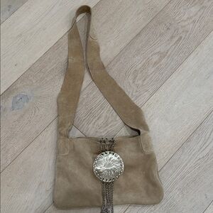 Suede Shoulder Bag with Decorative Medallion - Tan